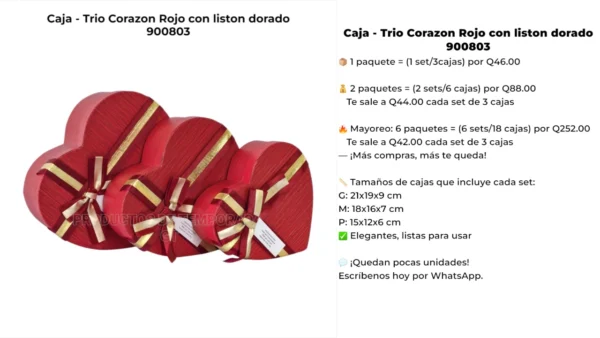 Caja - Trio Corazon Rojo con liston dorado 900803 Caja - Trio Corazon Rojo con liston dorado 900803