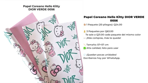 Papel Coreano Hello Kitty Dior Verde 0056 Papel Coreano Hello Kitty DIOR VERDE 0056
