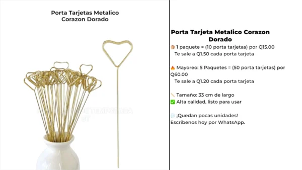 Porta Tarjetas Metalico Corazon Dorado